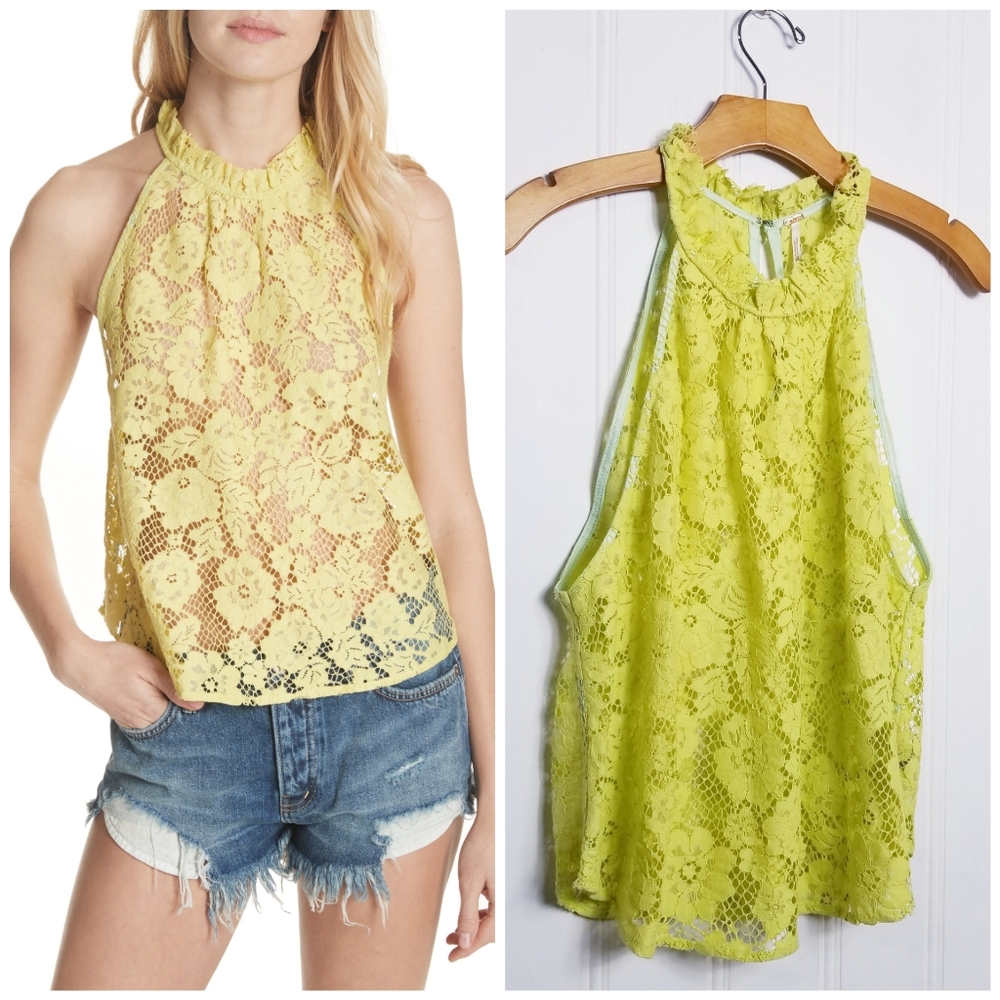Free People Lace Halter Neck Top, Yellow M
